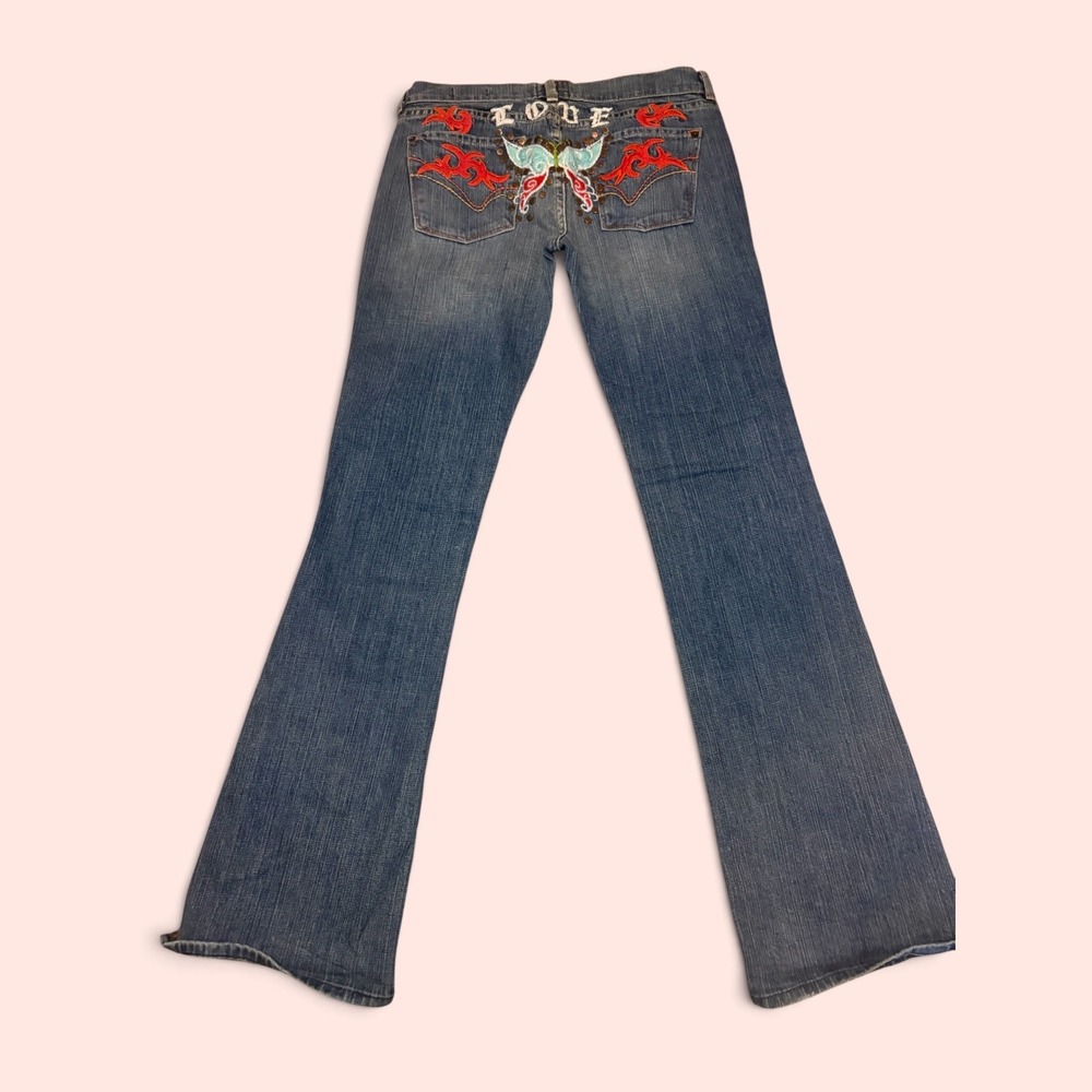 People for Peace Embroidered Flare Jeans Studded Love Y2K Denim Size 29 1038TG